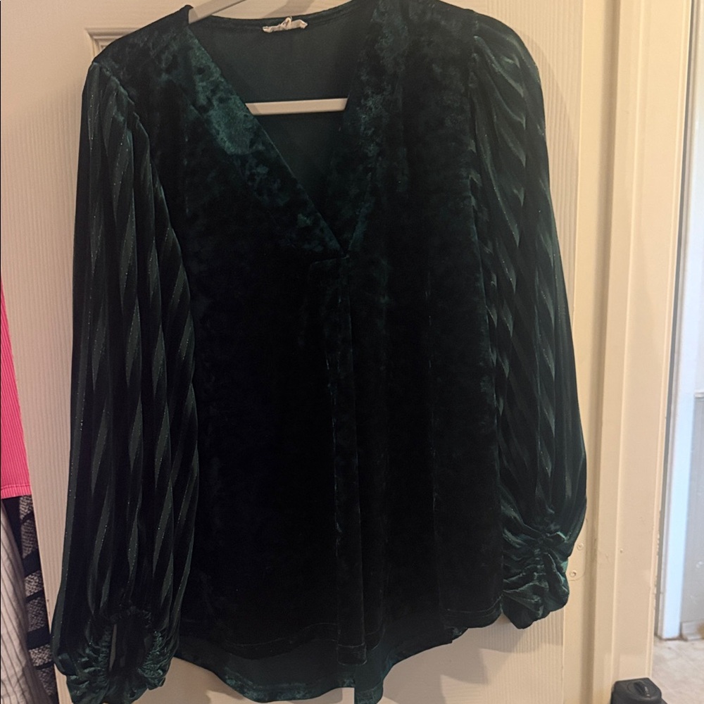 JODIFL Emerald Green Velvet V-Neck Blouse with Sheer Pleated Sleeves